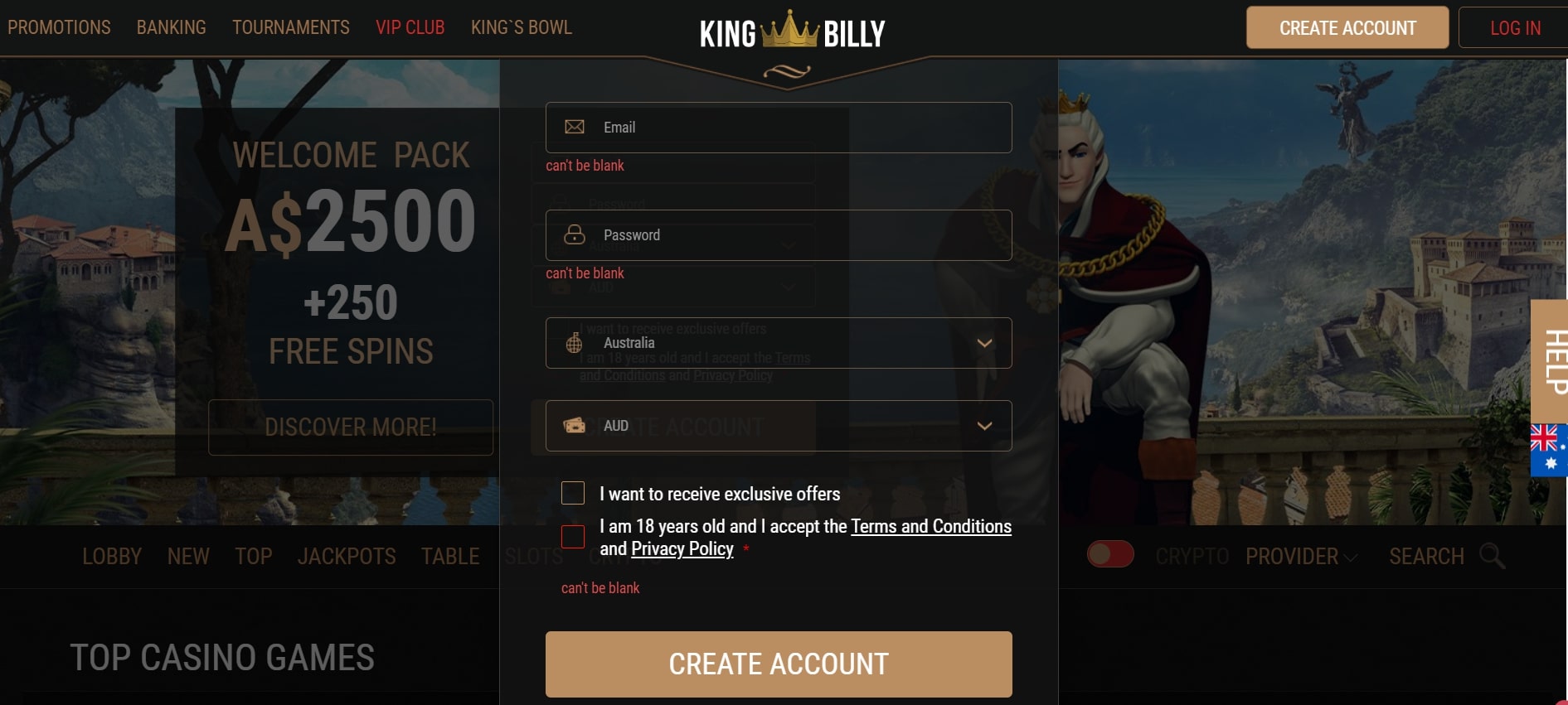 KingBilly Casino Create an account